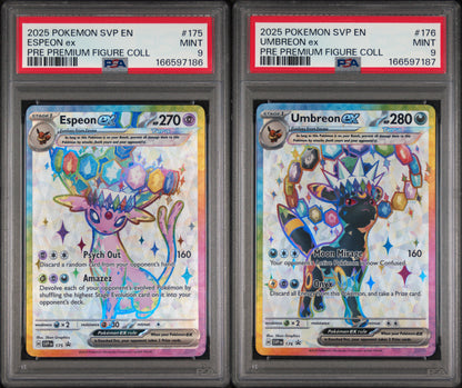 Espeon ex 175 & Umbreon ex 176 Prismatic Evolutions — PSA 9 Sequential Pair