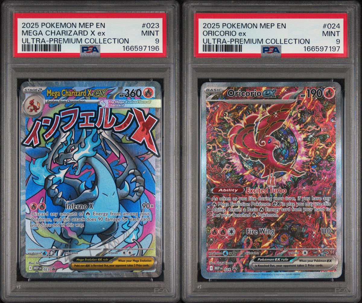 Mega Charizard X ex 023 & Oricorio ex 024 UPC Promos — PSA 9 Sequential Pair