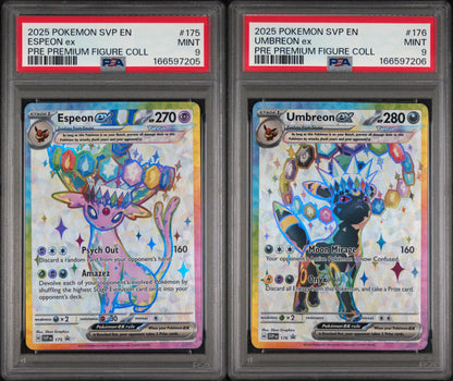 Espeon ex 175 & Umbreon ex 176 Prismatic Evolutions — PSA 9 Sequential Pair
